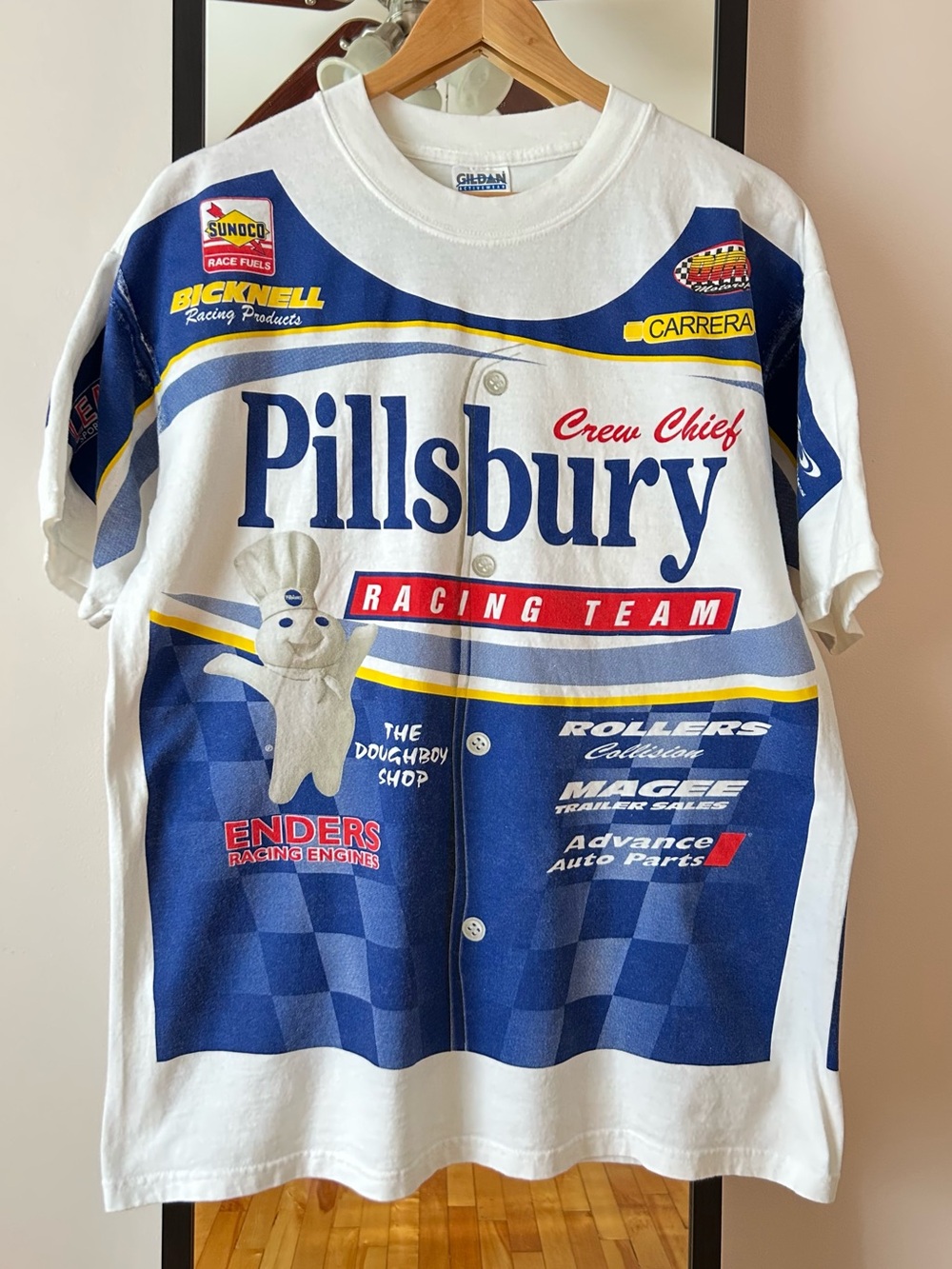 Vintage Y2K NASCAR Pillsbury Racing Team AOP tee shirt Gildan Ultra Cotton